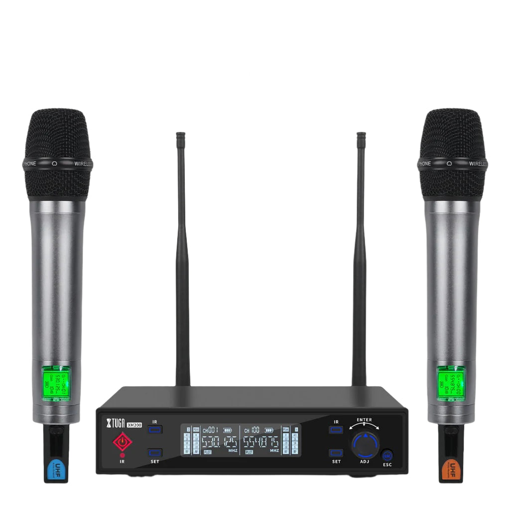 XTUGA XM200 true diversity mic wireless microphone system with two handheld mics and receiver unit
