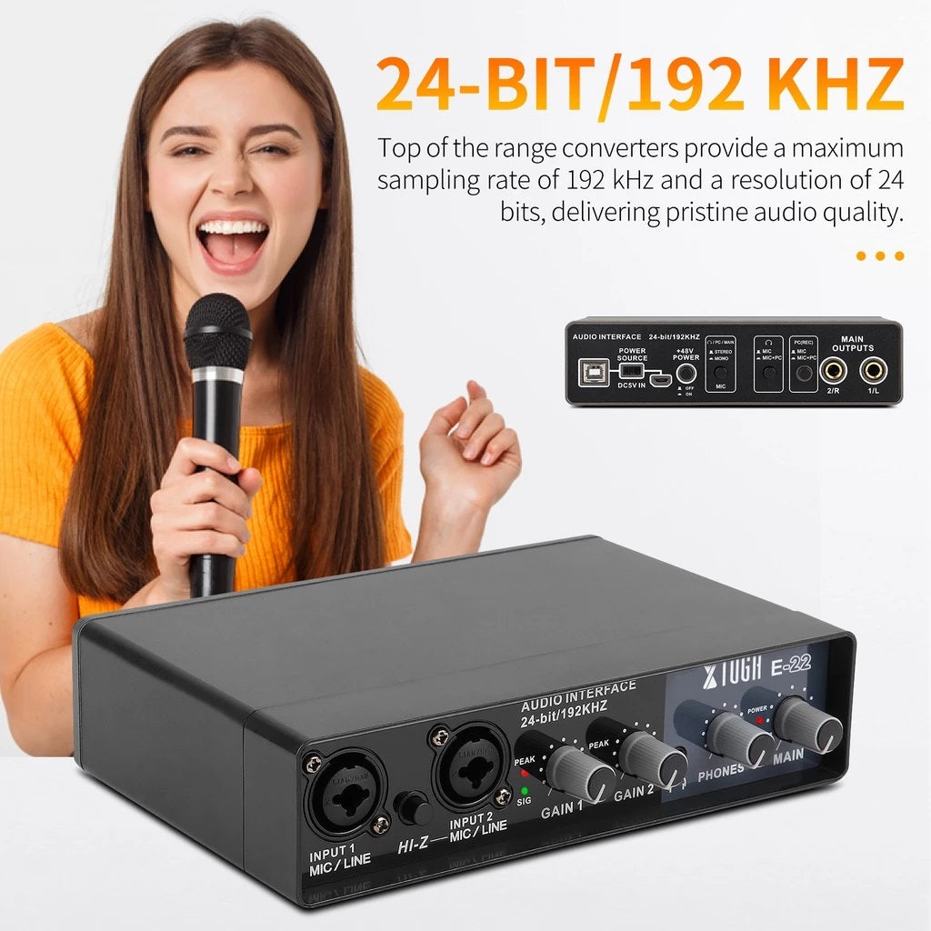 XTUGA E22 professional sound card audio interface with microphone input and front controls