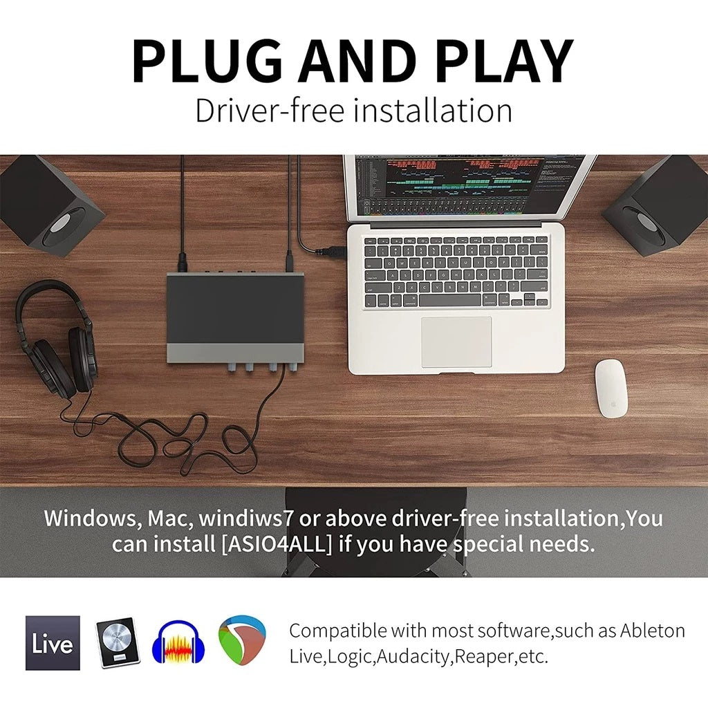 XTUGA E22 professional sound card on wood desk connected to laptop headphones and speakers plug and play