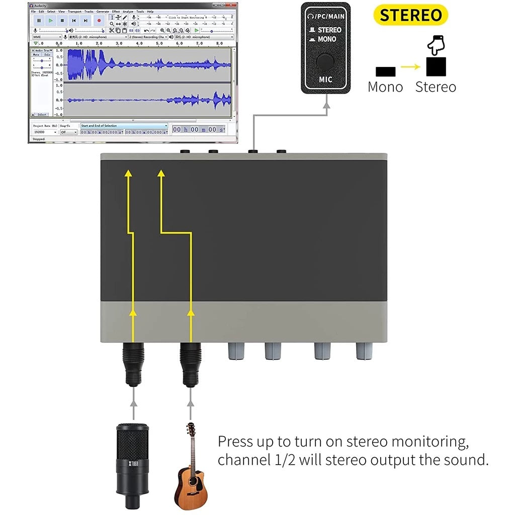 XTUGA E22 professional sound card audio amplifier with microphone and guitar inputs and stereo monitoring for recording