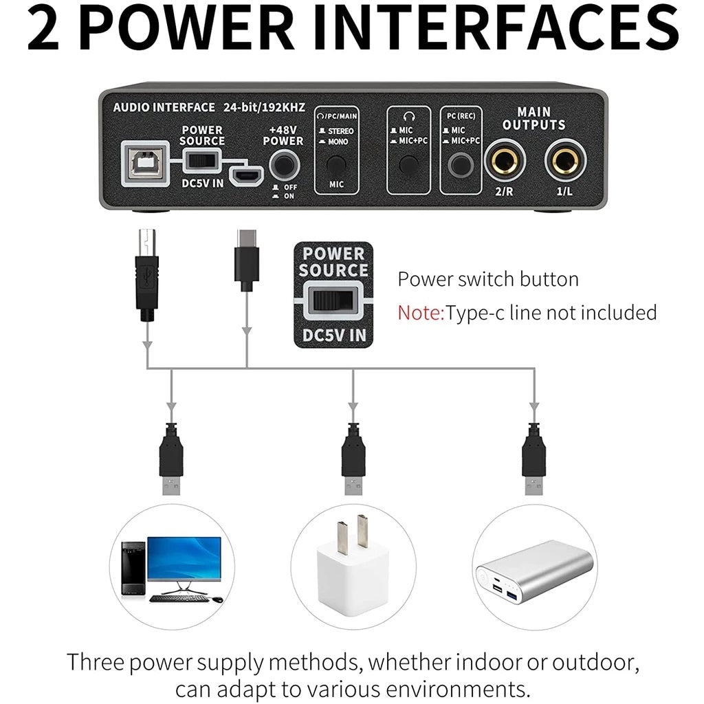 XTUGA E22 professional sound card audio amplifier rear panel showing DC5V power interfaces and main outputs