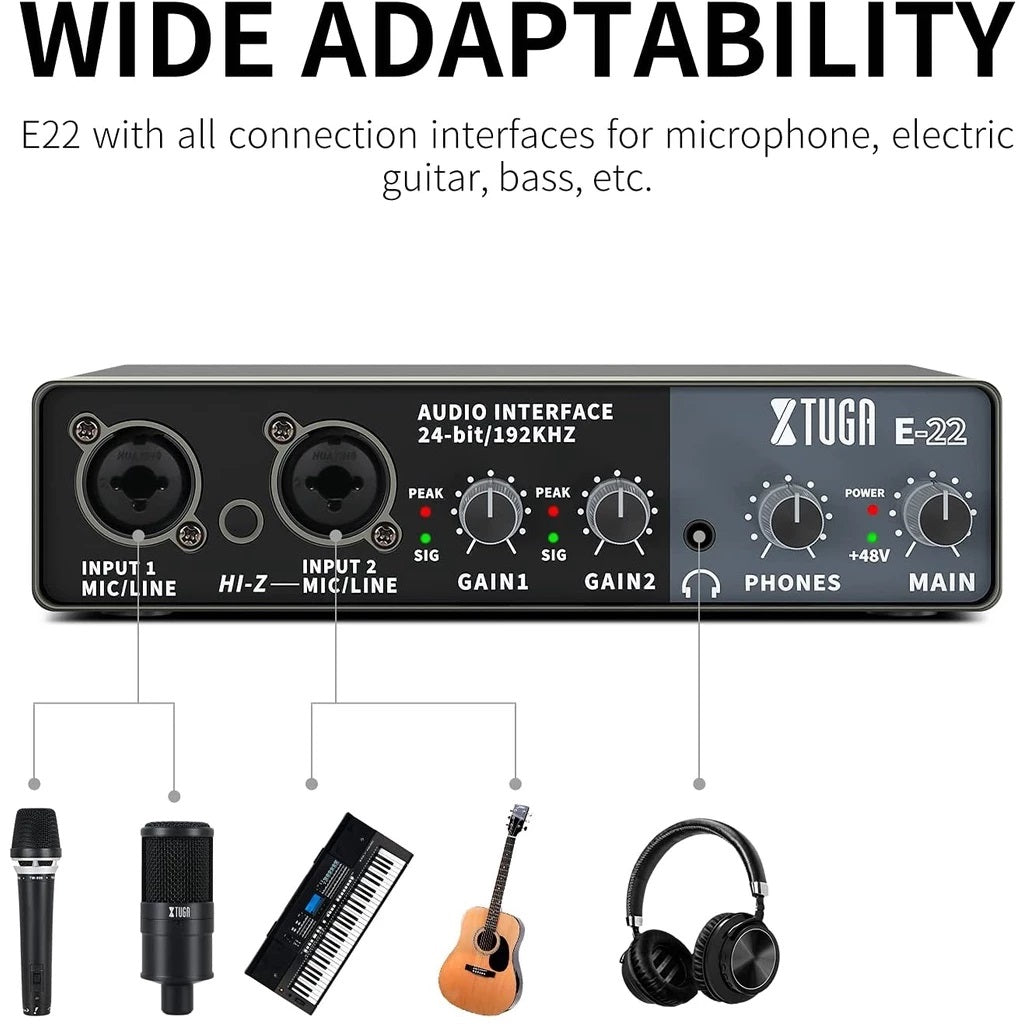 XTUGA E22 professional sound card interface showing dual mic line inputs gain phones main controls and instruments