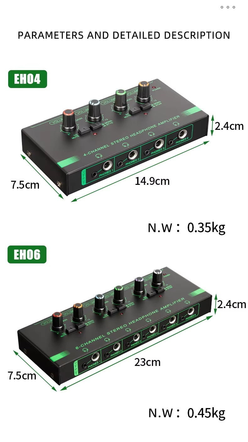 VMIDirect XTUGA EH04 EH06 Professional Monitor Splitter showing EH04 and EH06 units with control knobs and quarter inch outputs