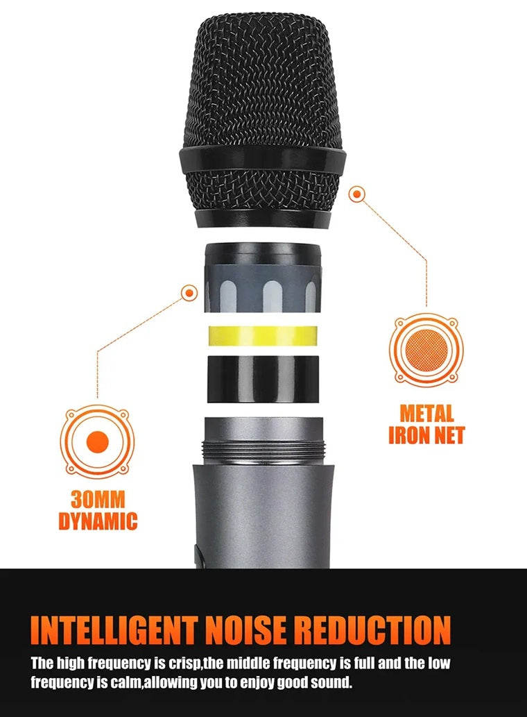 XTUGA UH01 metal microphone closeup showing metal iron net 30mm dynamic capsule and noise reduction