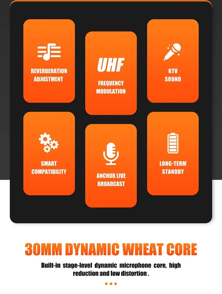 XTUGA UH01 metal microphone infographic listing UHF KTV sound reverberation adjustment smart compatibility and 30mm dynamic core