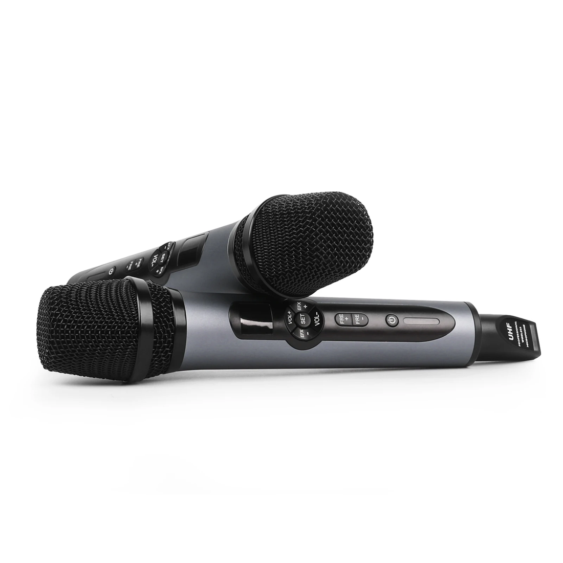 XTUGA UH01 metal microphone pair with wireless handheld design black grille control buttons and USB receiver