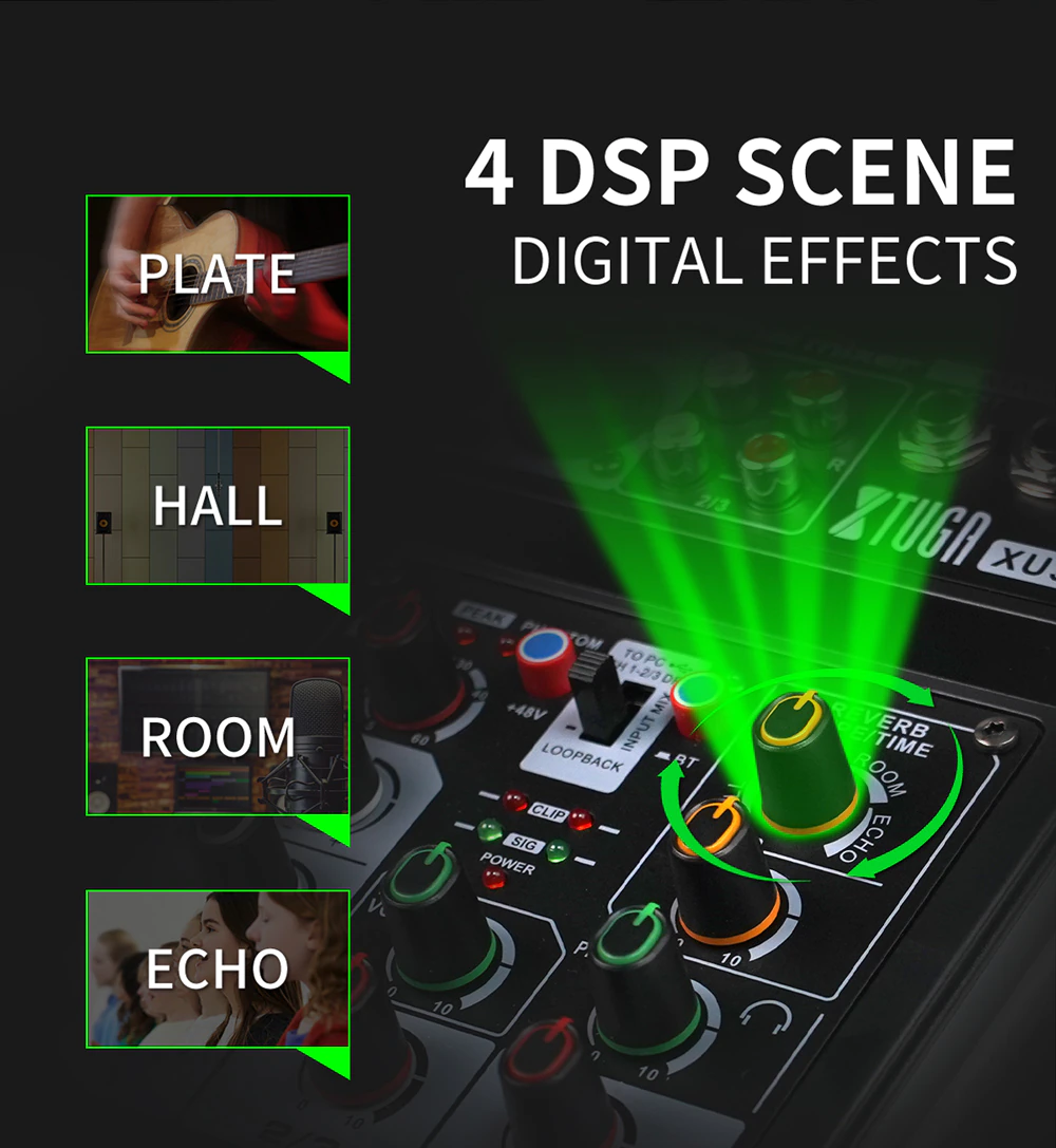 XTUGA XU3 mini audio interface with 4 DSP scene digital effects options: Plate, Hall, Room, and Echo