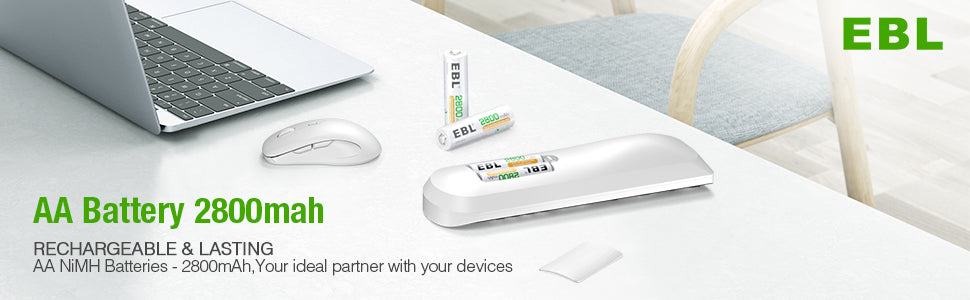 EBL 2800mAh AA rechargeable batteries with charger and laptop on desk in bright room