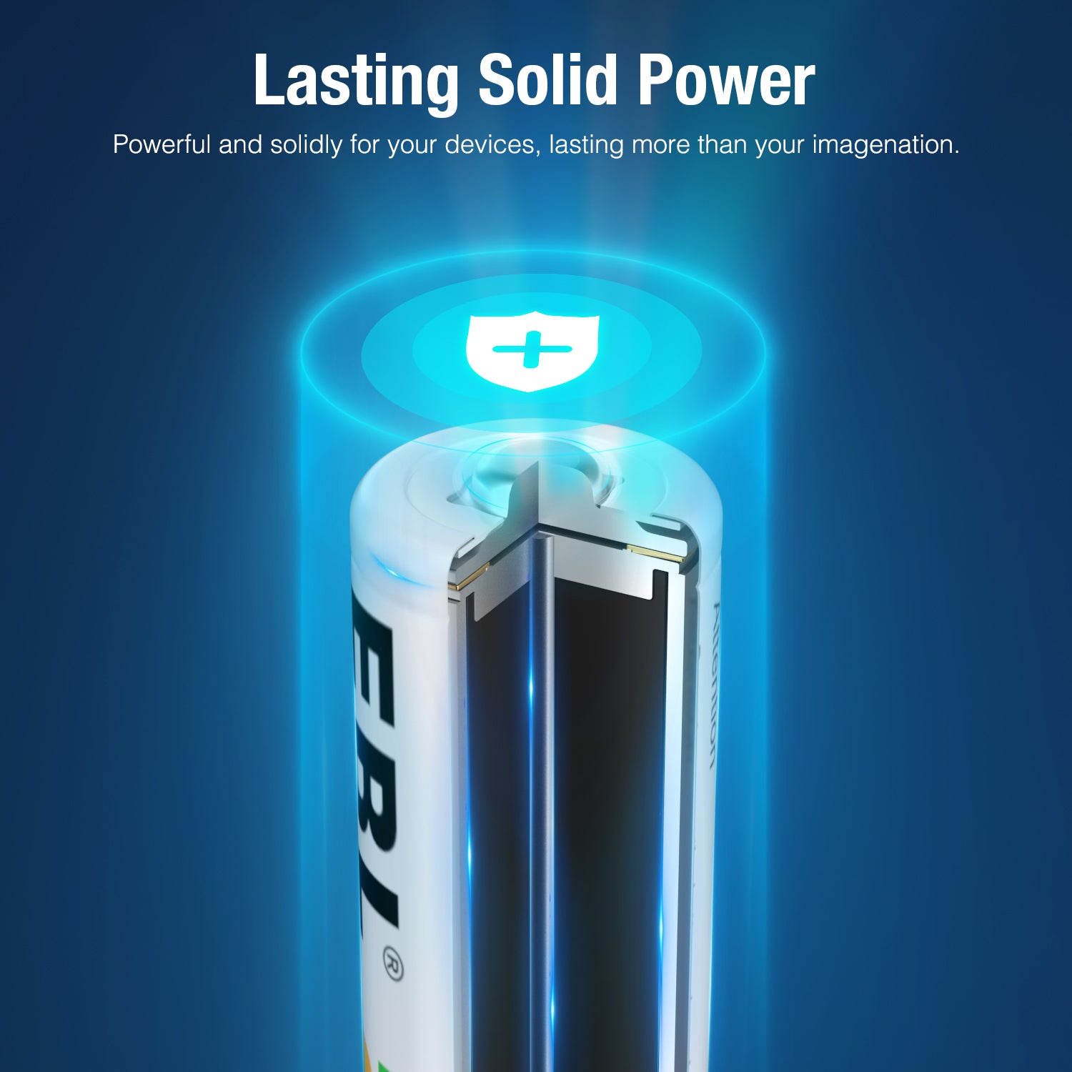 Close-up cross-section of EBL 2800mAh AA rechargeable batteries showing power and durability