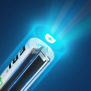Close-up of VMIDirect EBL 2800mAh AA rechargeable batteries with glowing positive terminal