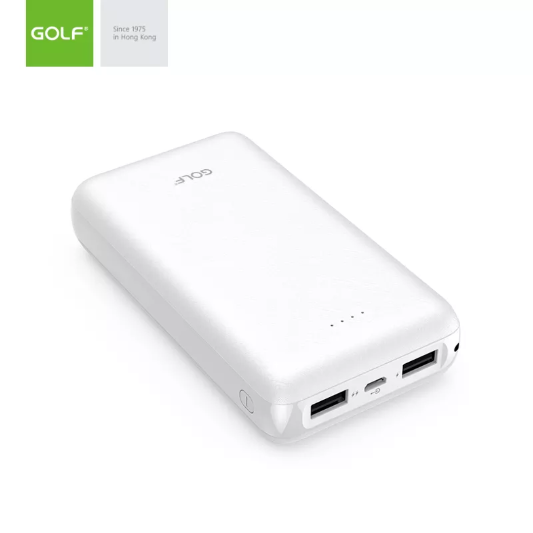 White Golf power bank with dual USB ports and LED battery indicator by VMIDirect