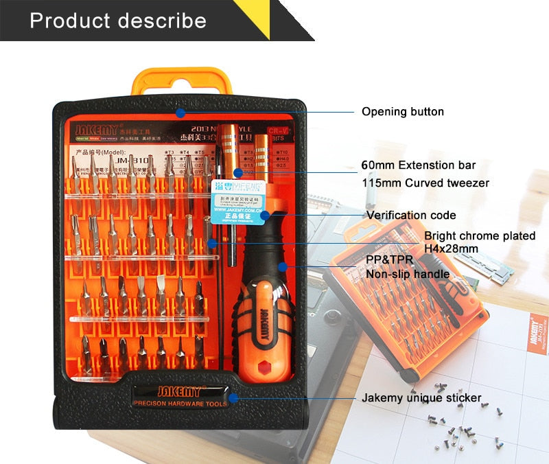 JAKEMY JM-8101 precision screwdriver set featuring a variety of tools and a bright chrome plated handle
