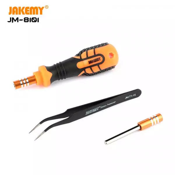 JAKEMY JM-8101 precision screwdriver set with screwdriver, tweezers, and interchangeable bits