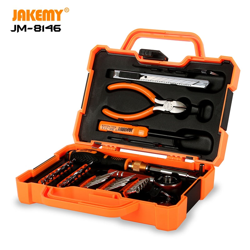 JAKEMY JM-8146 toolkit with a variety of tools in an orange case for DIY projects and repairs