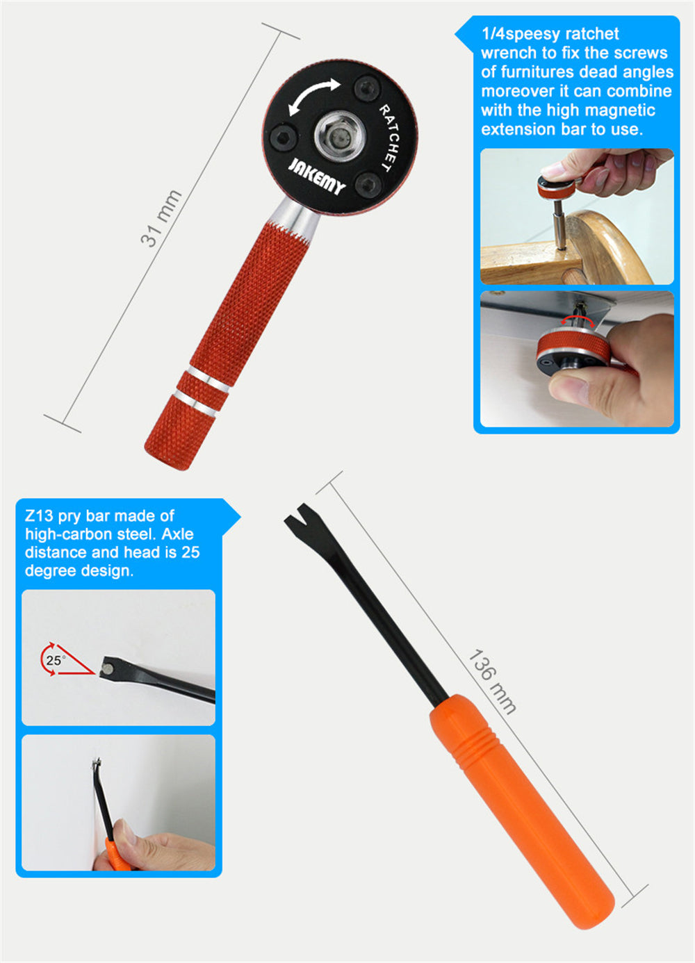 JAKEMY JM-8146 toolkit featuring ratchet wrench and pry bar for versatile repair tasks