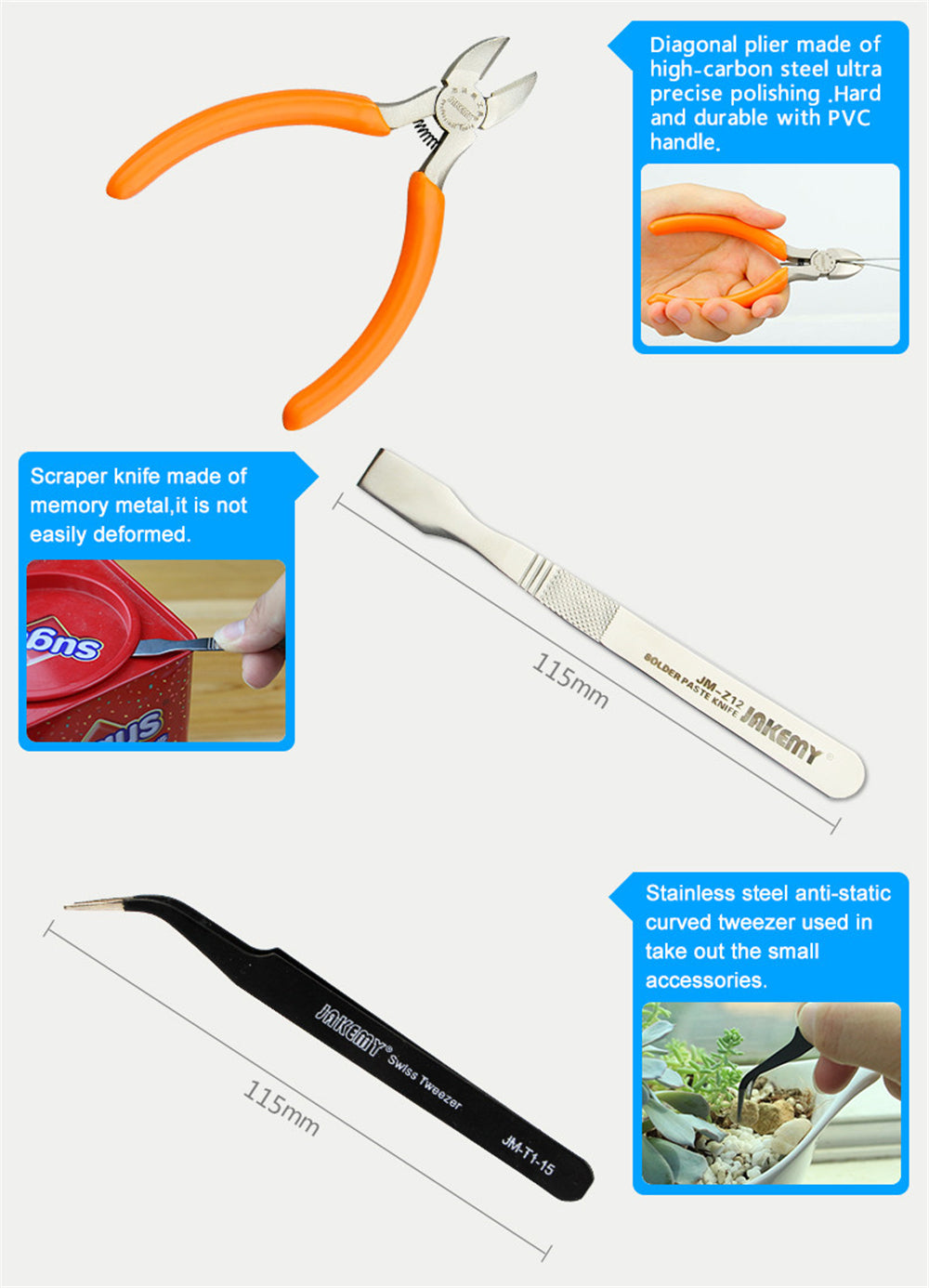 JAKEMY JM-8146 toolkit featuring precision tools like diagonal pliers and anti-static tweezers