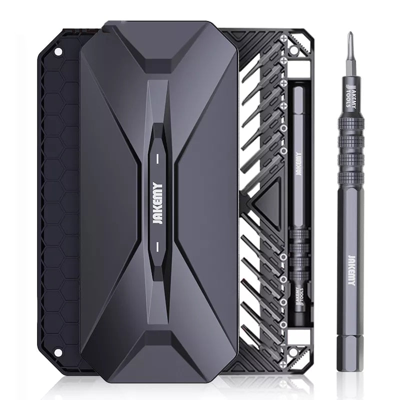 Jakemy JM-8175 precision screwdriver set with a compact case and interchangeable bits for electronics repair