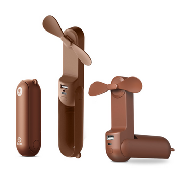 VMIDirect portable mini fan power bank in brown handheld design with USB charging port