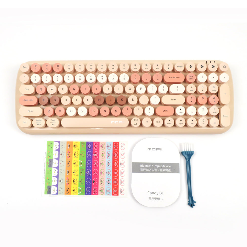 Mofii Candy BT keyboard for IOS and Android with round keys in beige and pink tones with cleaning brush and colorful stickers