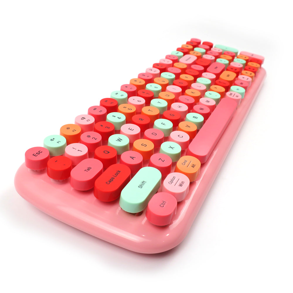 Mofii Candy BT keyboard for IOS and Android with colorful round keys in pink, red, orange, and mint green