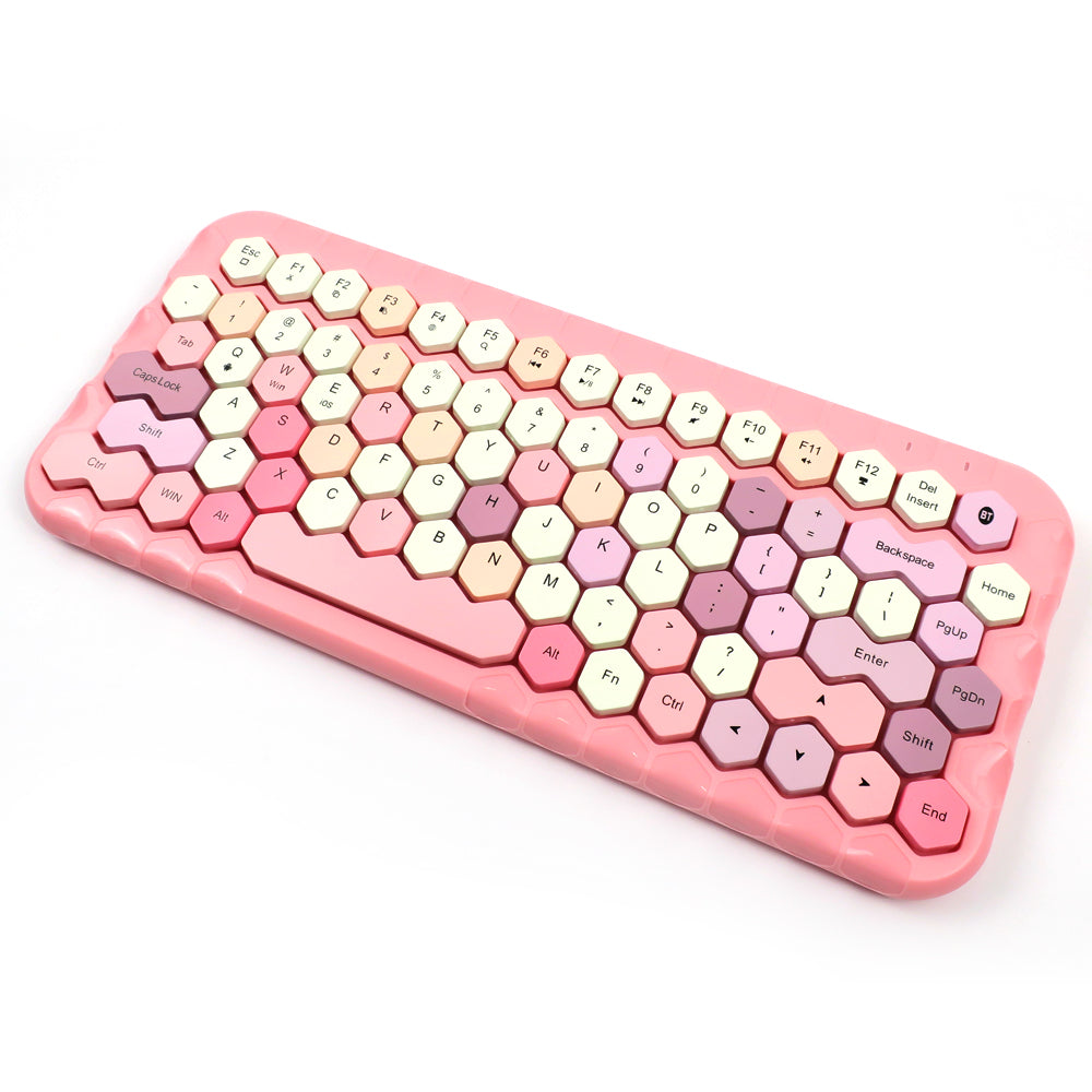MOFII HONEY BT keyboard with colorful honeycomb keys in pink and cream tones