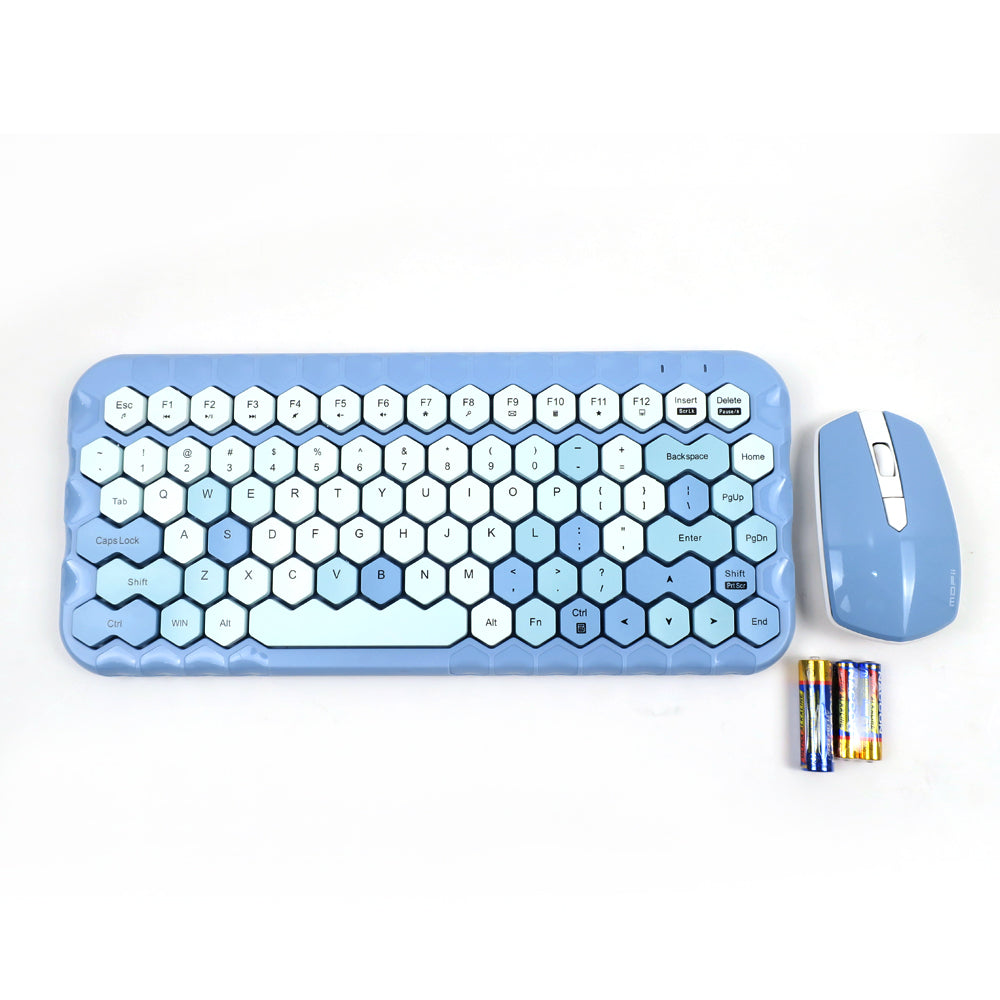 Mofii Honey PLUS gaming keyboard set with hexagonal keys and matching blue wireless mouse