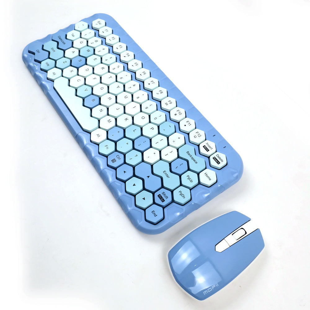Mofii Honey PLUS gaming keyboard set with hexagonal keys and matching blue mouse