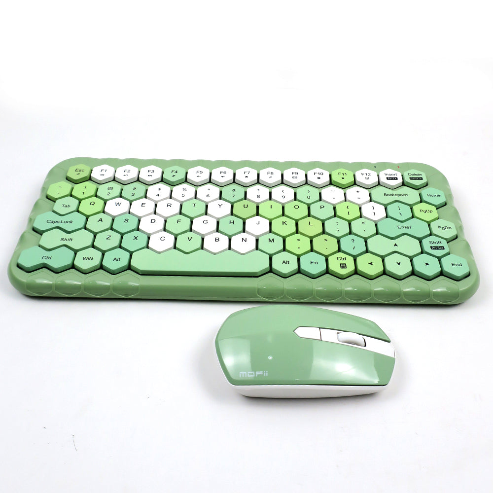 Mofii Honey PLUS gaming keyboard set with hexagonal green and white keys and matching green wireless mouse