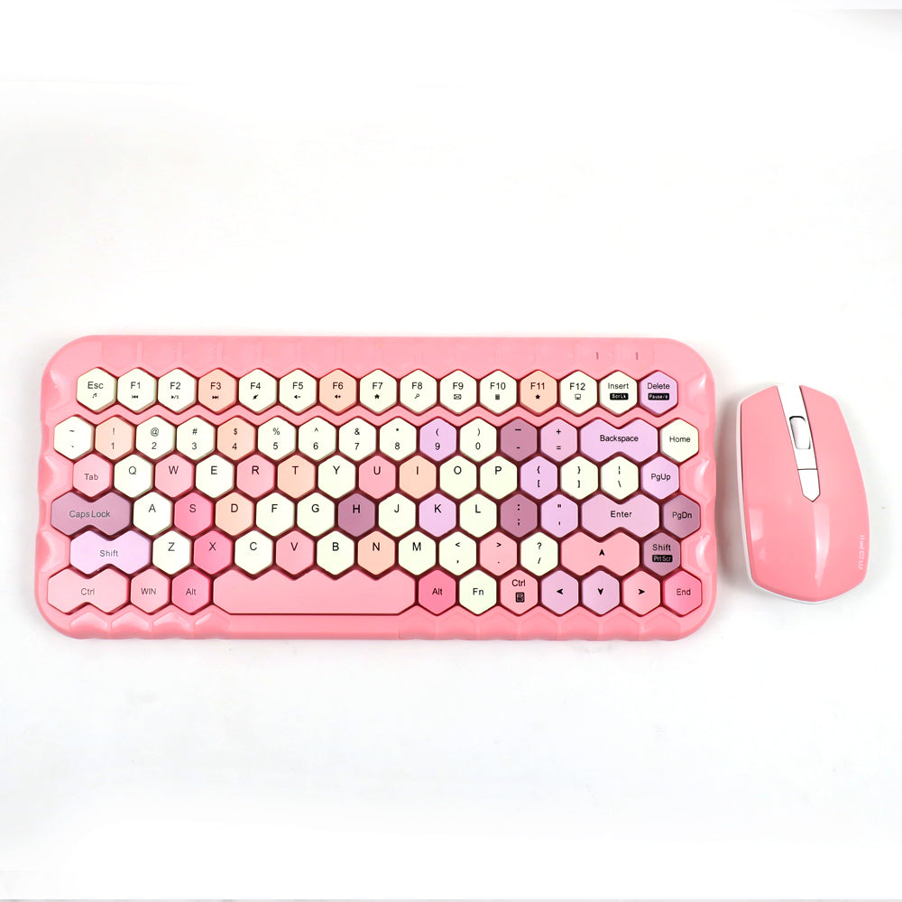 Mofii Honey PLUS gaming keyboard set with hexagonal pink and pastel keys and matching pink mouse