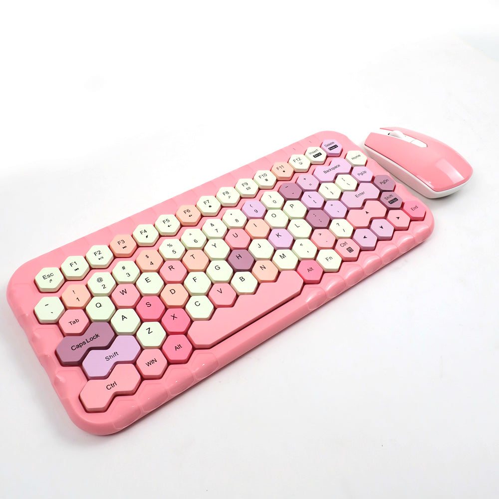 Mofii Honey PLUS gaming keyboard set with pink hexagonal keys and matching wireless mouse