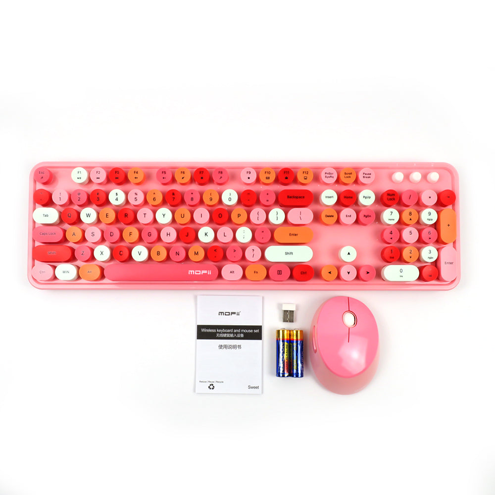 Mofii Sweet Mixed 2.4G keyboard for PC with colorful pink wireless keyboard, pink mouse, USB receiver, and batteries