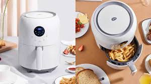 Smart Electric Air Fryer in white with digital display and fries in basket