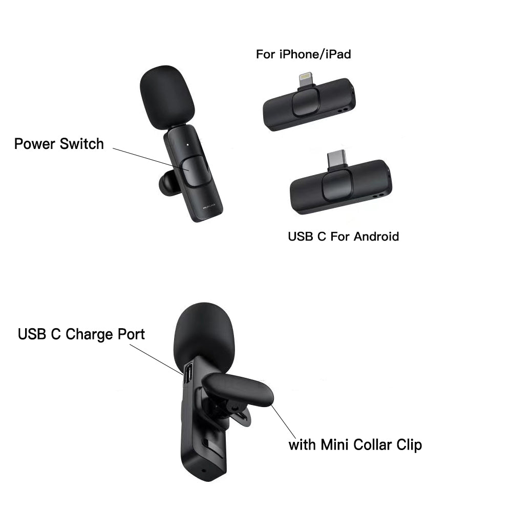 XTUGA K1 noise reduction mic with power switch and USB C connections for iPhone, iPad, and Android