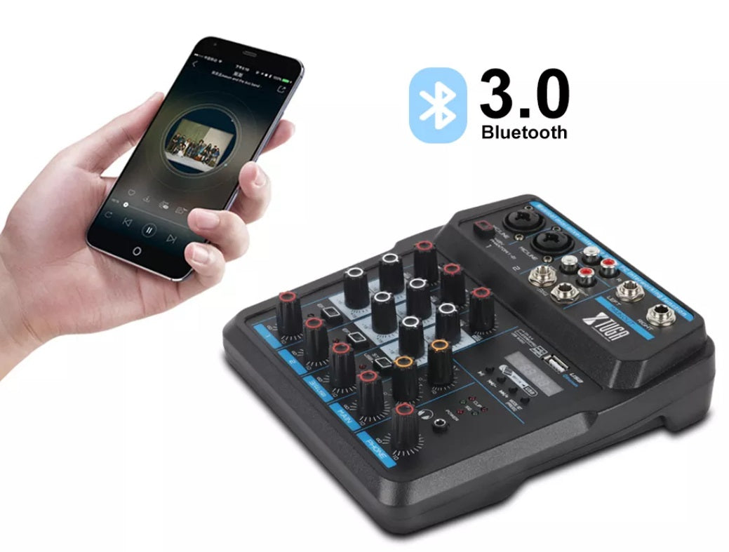 XTUGA AM4 Bluetooth audio mixer showing Bluetooth 3.0 smartphone pairing multiple control knobs and XLR inputs