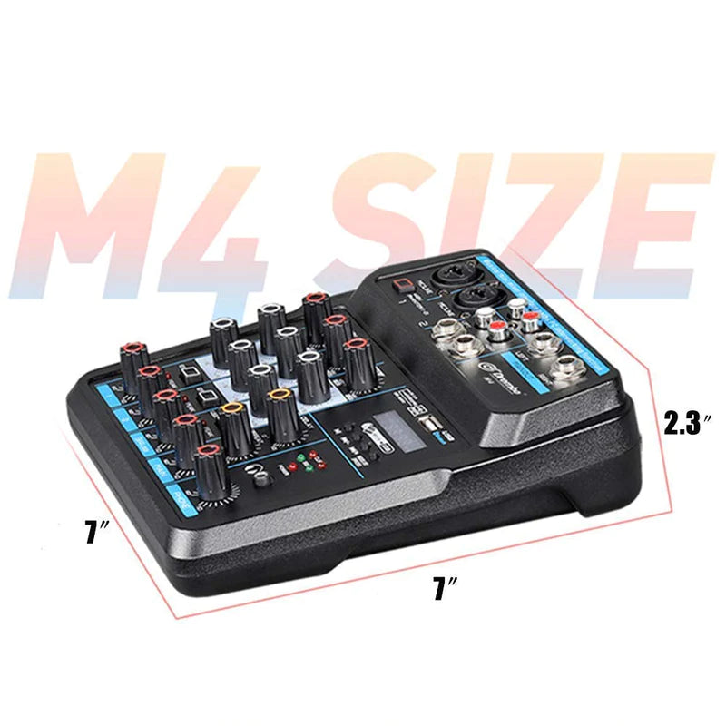 XTUGA AM4 Bluetooth audio mixer compact 4 channel desktop mixer with knobs and RCA inputs