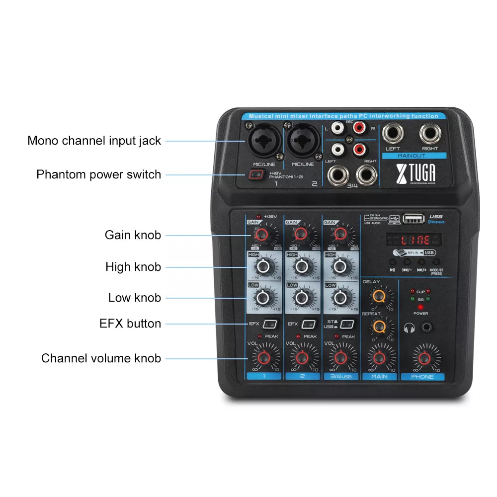 XTUGA AM4 Bluetooth audio mixer compact 4 channel amp with knobs inputs and phantom power