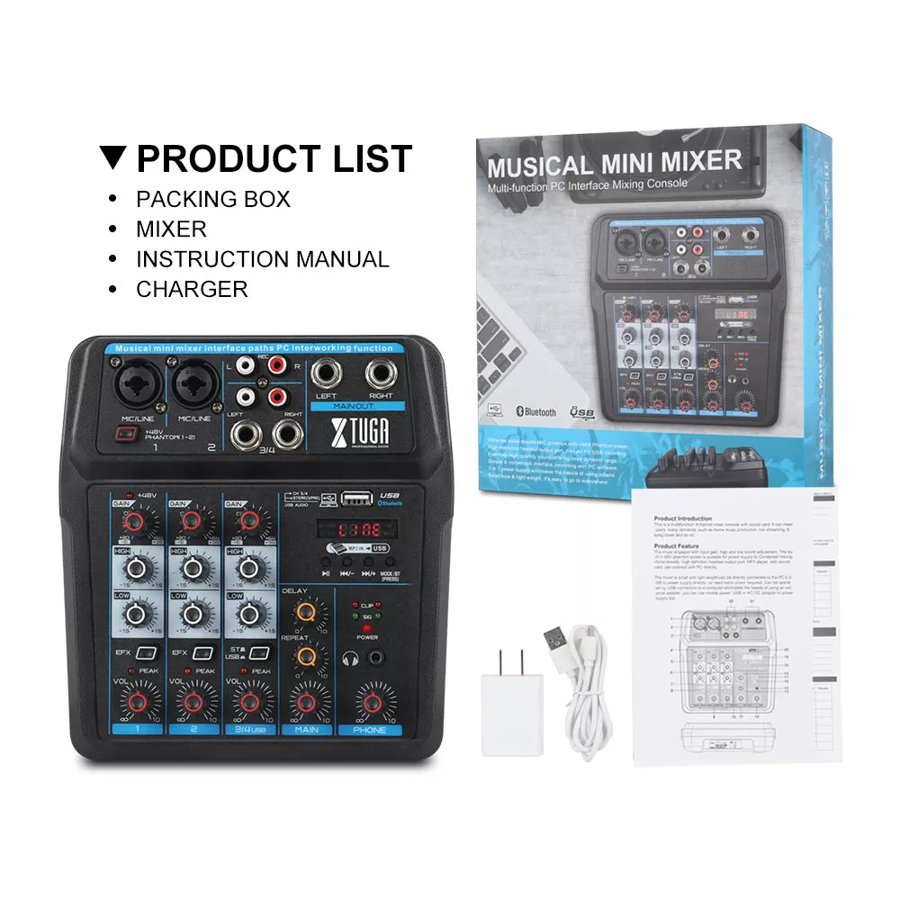 XTUGA AM4 Bluetooth audio mixer with packaging charger USB cable and instruction manual