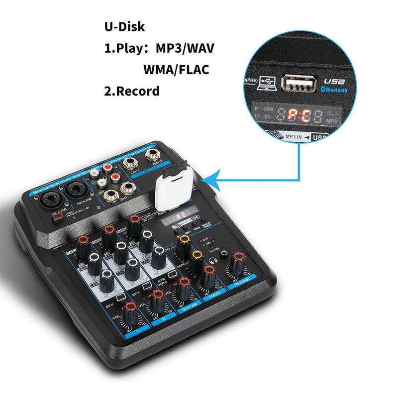 XTUGA AM4 Bluetooth audio mixer compact 4 channel USB mixer with EQ knobs and U disk playback