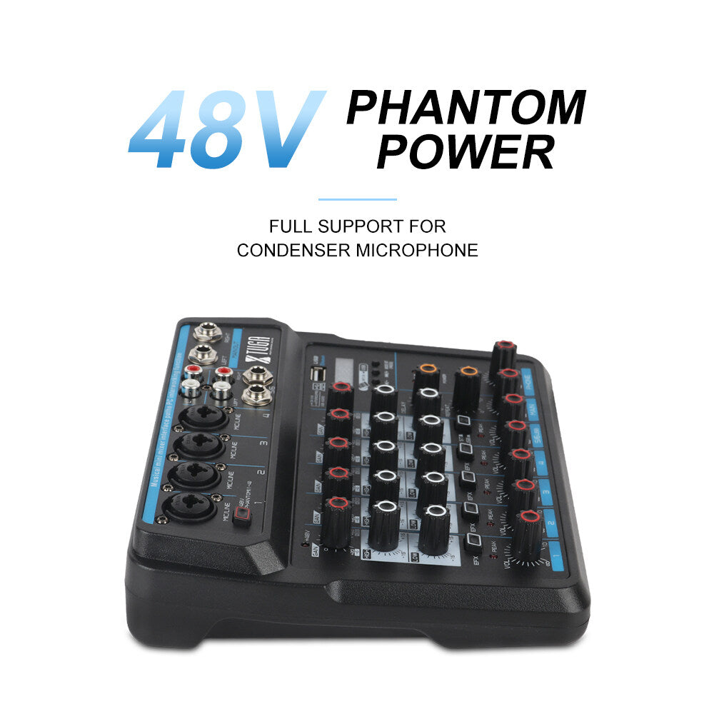 XTUGA AM6 sound mixing console with 48V phantom power compact audio mixer for condenser microphones