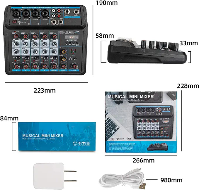 XTUGA AM6 sound mixing console compact mixer with multiple inputs knobs USB cable and power adapter