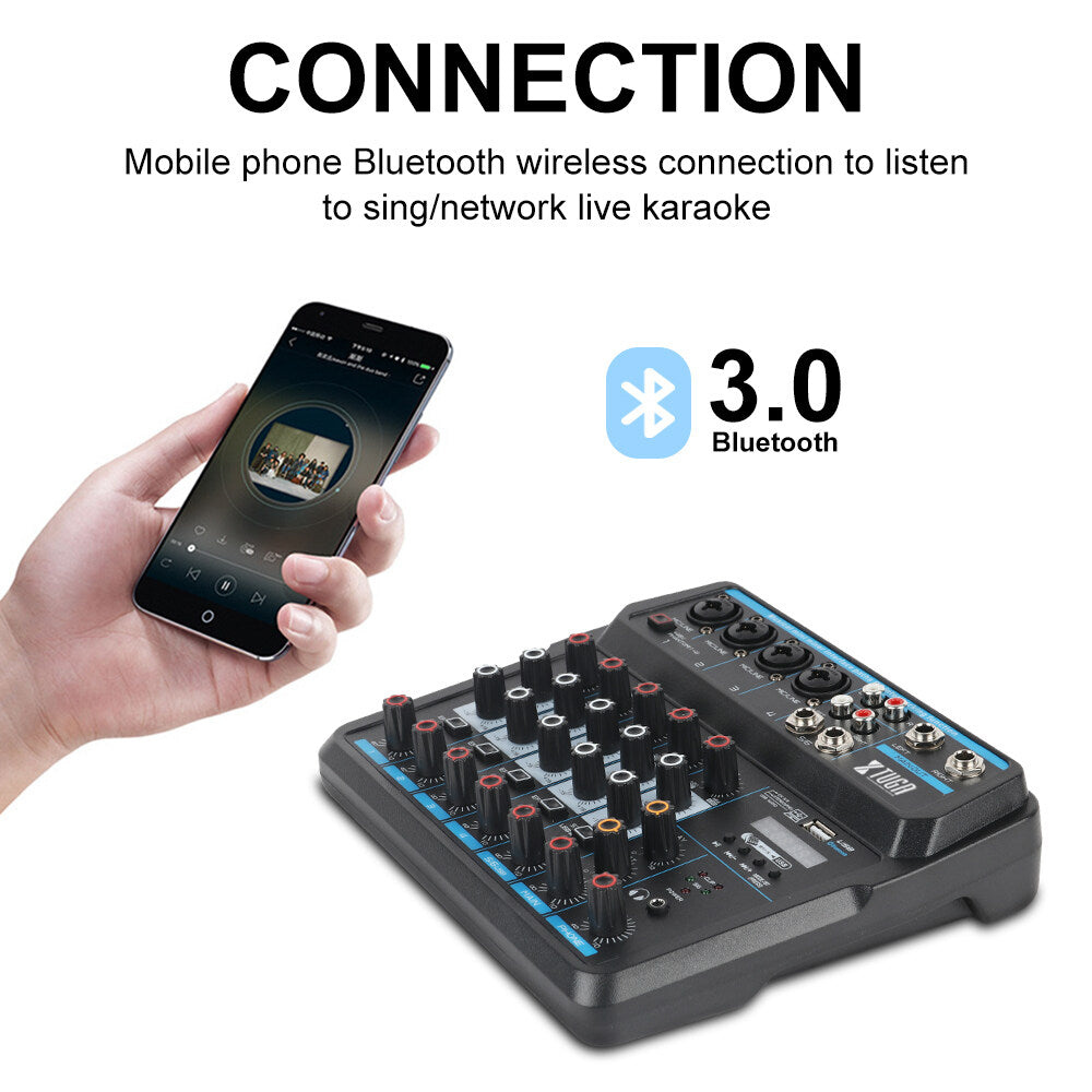 XTUGA AM6 sound mixing console with Bluetooth 3 0 shown beside smartphone streaming audio