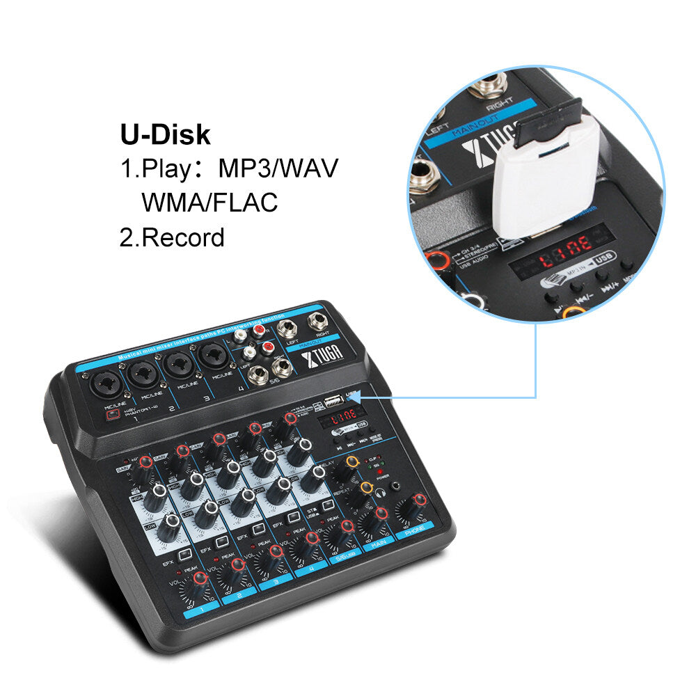 XTUGA AM6 sound mixing console with four XLR inputs USB U disk playback and recording