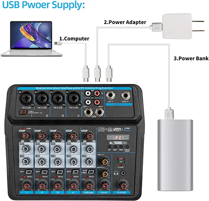 XTUGA AM6 sound mixing console with USB power options from computer adapter or power bank