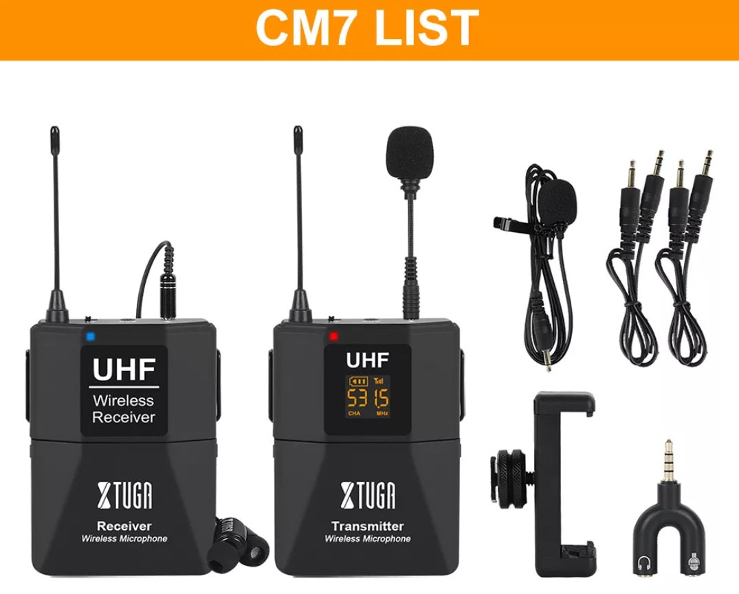 XTUGA CM7 CM8 microphone wireless lavalier kit with transmitter receiver lav mics antennas and cables