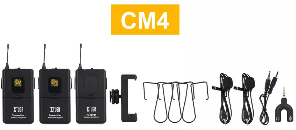 XTUGA lapel mic system for camera kit with three beltpack units clips cables and camera mount