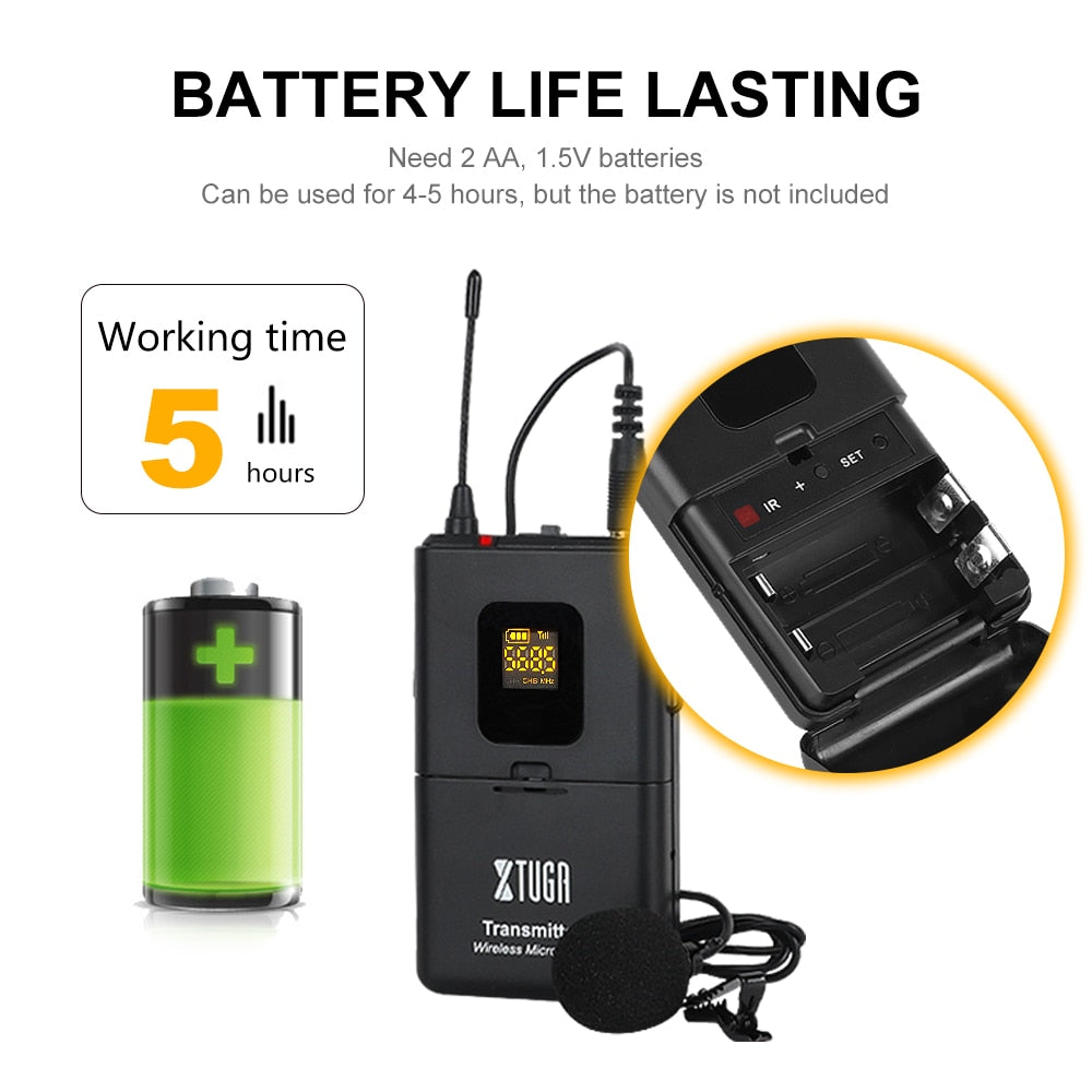 XTUGA lapel mic system for camera wireless transmitter with lavalier mic and 5 hour battery life