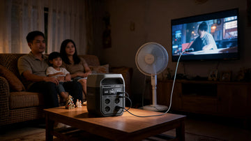 EcoFlow DELTA 3 power station running a TV and electric fan during a brownout