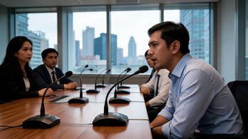 Gooseneck conference microphones on a boardroom table during a Philippine office meeting