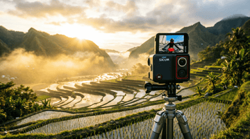 Action camera on tripod capturing 8K footage of Philippine rice terraces at sunrise demonstrating high resolution landscape videography