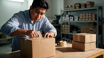 VMI Direct staff member packing a customer order box in a Manila stockroom